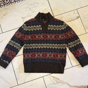 J. Crew Brown and Red V-Neck Sweater with Fair Isle Pattern